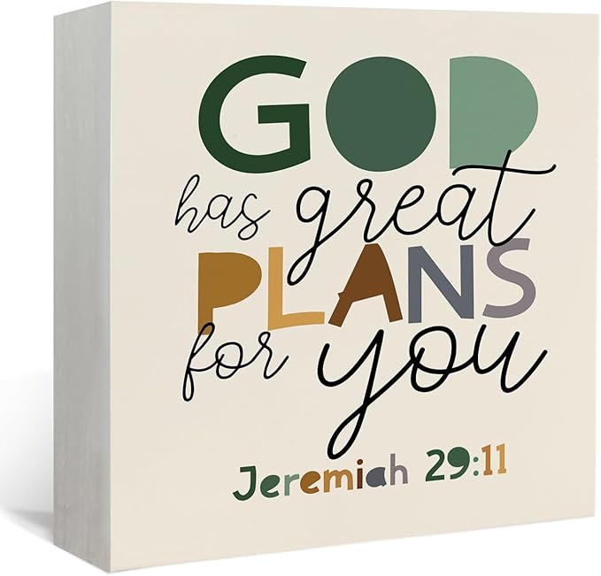 Lacama Christian Nursery Wooden Box Sign, Boho Bible Verse Decorations Wood Block Signs, God Has Great Plans for You Christian Wood Sign for Boys Room Bedroom Desk Shelf Wall Decor 5x5 Inches