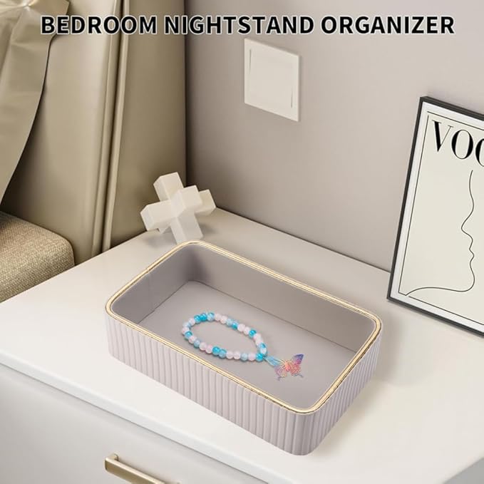 Beebeecraft PU Leather Valet Tray Small 9.6x6x2 Inch Rectangle Desktop Storage Box Bedside Nightstand Vanity Without Lid for Cosmetic Jewelry Watch Keys Phone Wallet Remote Controller Pen (Dark Gray)