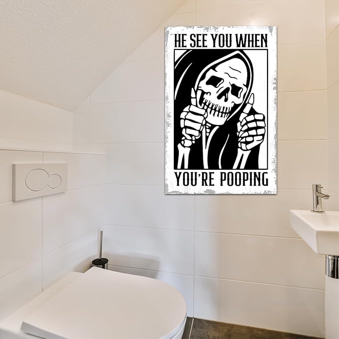 Funny Gothic Bathroom Home Decor Metal Tin Sign: Funny "He Sees You When You Are Pooping?" Bathroom Wall Art Decor for Skull Lovers 8 X 12 Inch