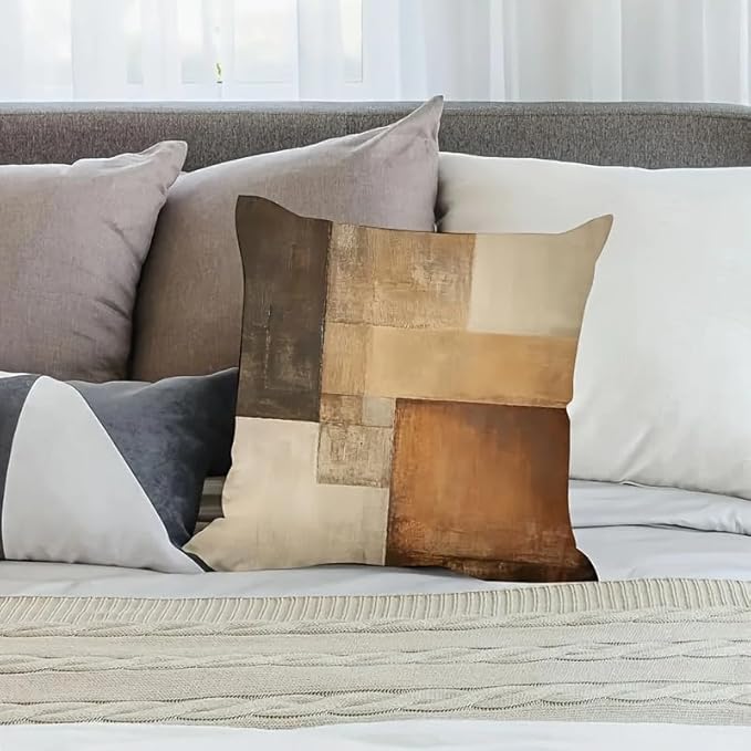Decorative Throw Pillow Covers, Modern Abstract Brown Geometric Pattern, Set of 2，18x18 Pillows Linen Pillowcase，Modern Decorative Square Pillowcases for Sofa Couch Bedroom Living Room Car