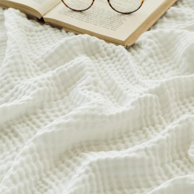 EMME Cotton Muslin Large Throw Blanket Couch Breathable Gauze Soft Lightweight Bed Blankets Adults (White,50"x70")
