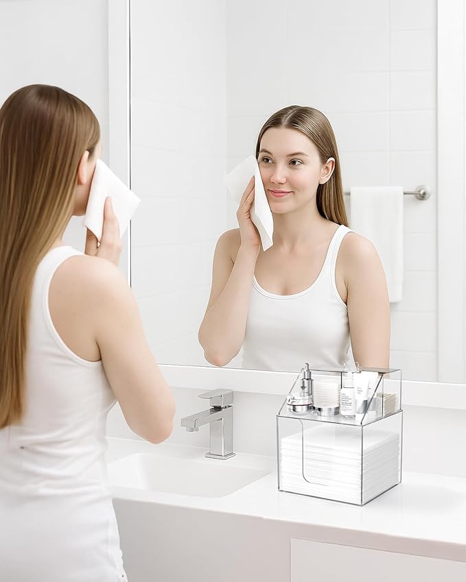 Disposable Facial Towels Storage Box Compatible with Clean Skin Club Clean Towel XL-Cotton Pads-Swabs Upgraded Double Layer Face Towel Holder Acrylic Storage Container Valentine's Day Gifts