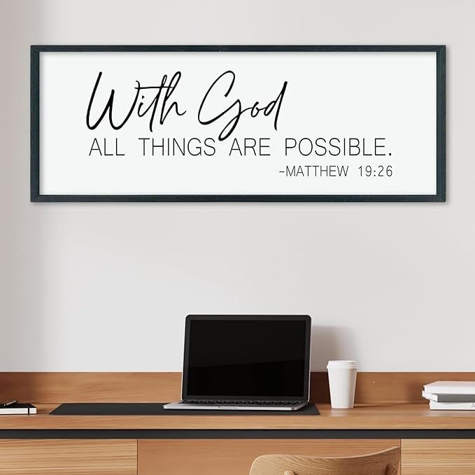 LuZhiQiang Christian With God All Things Are Possible Wall Decor 40"×15" Religious Home Bible Verse Sign Inspirational Print for Living Room Large Wood Framed Catholic Wall Art Hanging (Black)