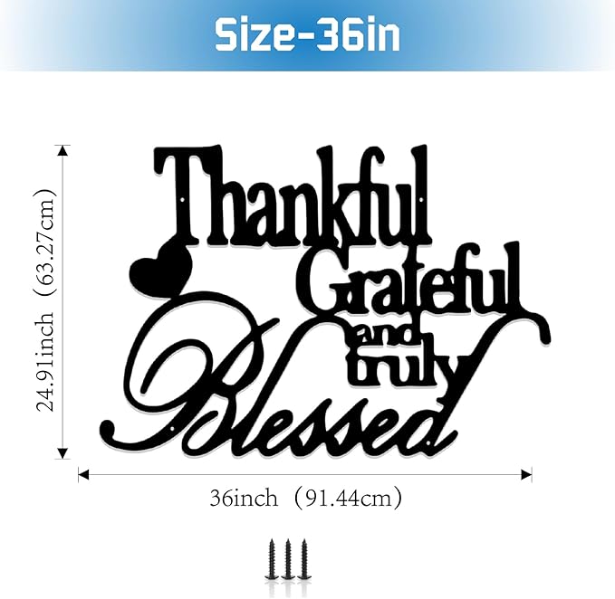 Hppybiry Thankful Grateful Blessed Wall Decor Black Metal Wall Art Thankful Grateful and Truly Blessed Sign Home Decor Entryway Living Room Decoration Signs - 36 Inches