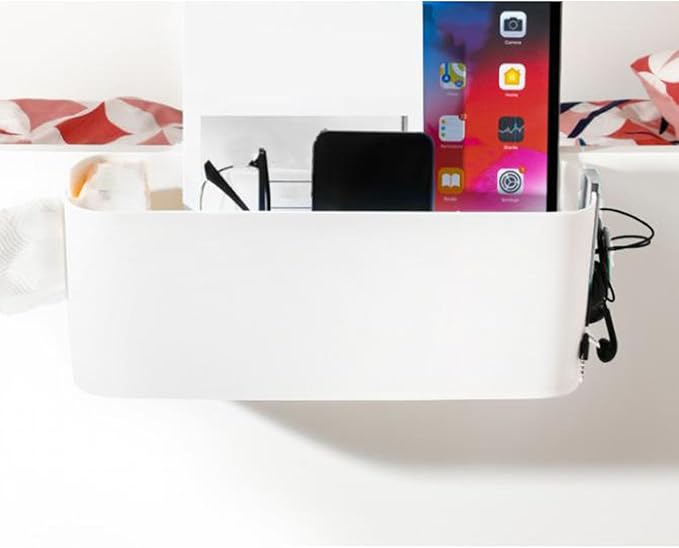 BFYDOAA Bedside Caddy Hanging Basket Organizer with Hooks,Plastic Tissue Box Desktop Storage Box for Dorm Bunk Beds Hospital Bed Office (White)