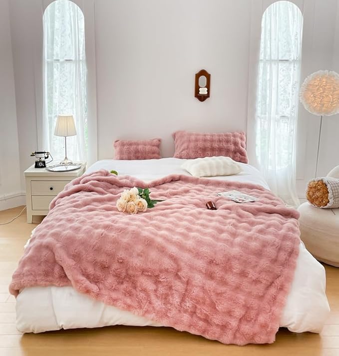 H&D Faux Fur Throw Blanket for Couch,Fluffy Cozy Soft Plush Luxury Thick Fuzzy Fleece Blanket for Couch Bed Sofa Bedroom Living Room,Comfy Bubble Blanket(Rose, Full (70"x80"))