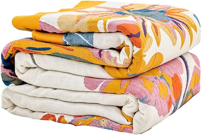Boho Throw Blanket, 100% Cotton Ultra Soft Luxury Throw Rustic Quilt, 90"x98" Floral Bird Butterfly Farmhouse Decor Bed Blankets, All Season Rustic Reversible Bohemian Throw for Bed - Yellow