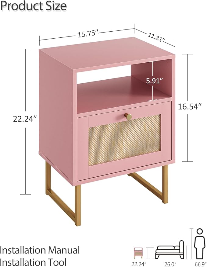Masupu Rattan Nightstand,Modern Boho Farmhouse Wood Bedside Table with Storage Drawer and Open Shelf,Small Black Frame Side End Table for Bedroom,Living Room,Office (Pink)