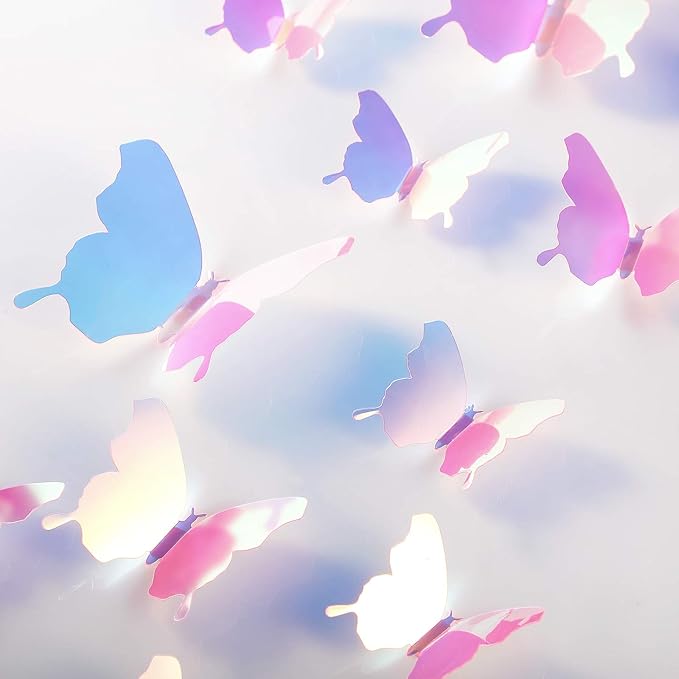 BBTO 48 Pieces Butterfly Wall Decor DIY 3D Mirror Butterfly Stickers Removable Decals Crafts for Birthday Party Bedroom School Bathroom Living Room Decor(Transparency Colorful Pink)
