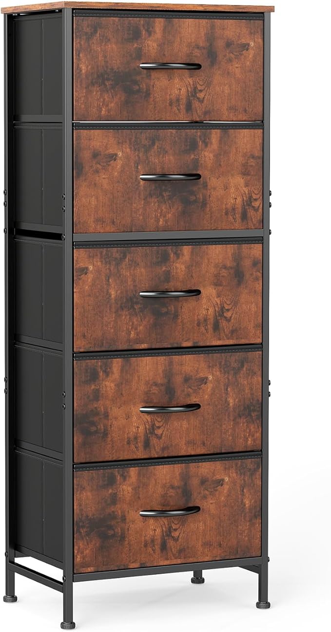 DUMOS Nightstand with 5 Drawers Bedside Table with Removable Fabric Bins Sturdy Steel Frame Wood Top Organizer Furniture for Bedroom Closet Living Room, Brown
