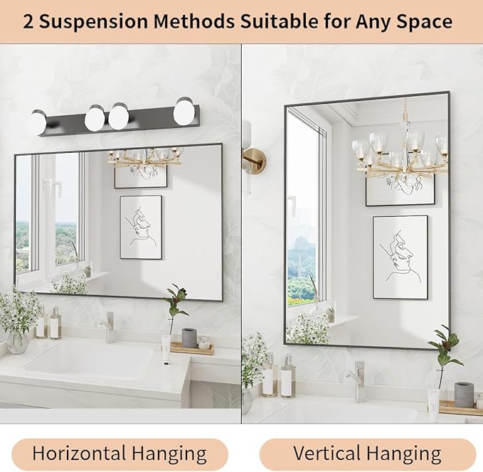 Koonmi Black Rectangle Wall Mirror, 24x32 Inch Bathroom Mirror, Aluminum Frame Vanity Mirror for Entryway, Living Room, Bedroom Bathroom, Hangs Horizontally or Vertically