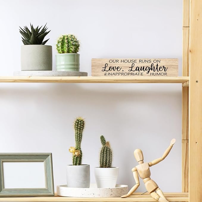 AGMDESIGN Our House Runs On Love Laughter And Inappropriate Humor Wood Sign, Home Wall Decor for Shelf Door, Heartwarming Farmhouse Kitchen Bedroom Hanging Wooden Plaque, New Home Gifts for Friends