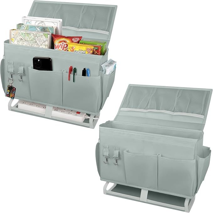 Bedside Caddy for Dorm Bed Bedside Organizer, Bedside Storage with 10 Pockets and Power Strip Holder, Multifunctional Bedside Pocket for Home, College, Dorm, Bunk/Hospital/Crib Bed (Grey)