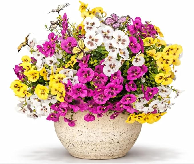 Artificial Flowers for Outdoor, 18 Bundles UV Resistant Faux Silk Pansy Flowers with Butterfly Accents, Realistic Fake Plants for Planters, Window Boxes & Grave Decor, 15 Bundles + 3 Butterflies