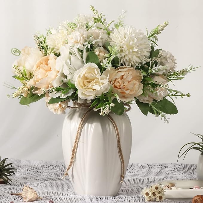 Peonies Artificial Flowers in Vase, Fake Hydrangea Silk Peony Flower Bouquet with Vase Faux Flowers Arrangement Decor Home Table Dining Room (White)