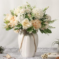 Peonies Artificial Flowers in Vase, Fake Hydrangea Silk Peony Flower Bouquet with Vase Faux Flowers Arrangement Decor Home Table Dining Room (White)