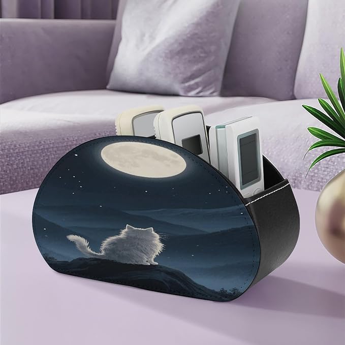 Lonely Cat Moon Remote Control Holder Organizer Box with 5 Compartment PU Leather Bedside Storage Caddy Remote Organizer for Controller Media Player Pen/Pencil Storage