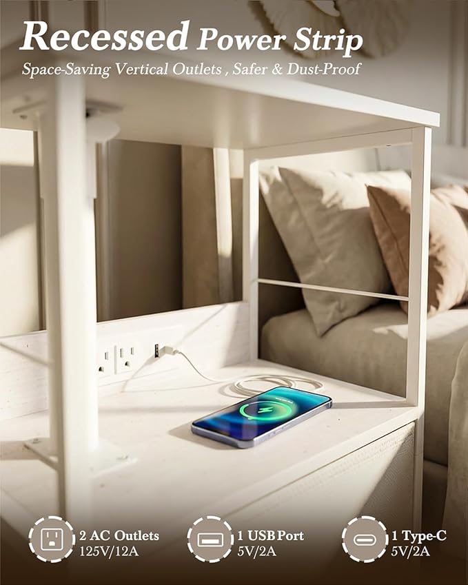 360° Swivel Nightstand with Height Adjustable, Lift Top Bedside Table with Charging Station, Rolling Night Stand with Fabric Drawer, End Table with Wheels, for Bedroom, Living Room, White