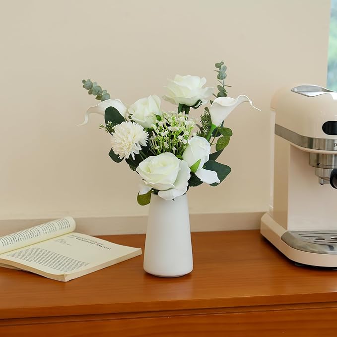Fake Flowers with Ceramic Vase, Artificial Silk Roses in a Vase, Faux Flowers Plants Arrangements for Centerpiece Table Decorations, Living Room Bathroom Dining Table Home Décor(White)