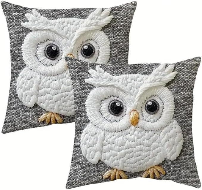 Decorative Owl Throw Pillow Cover, 2D Printed Design on Gray, White Non-Embroidered Pattern, Set of 2，18x18 Pillows Linen Pillowcase
