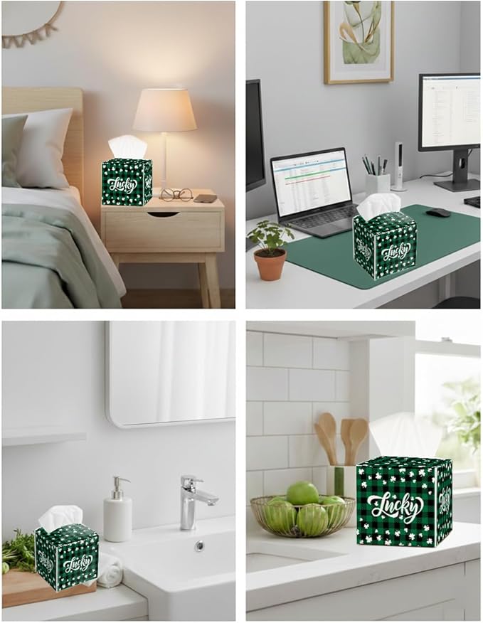 St.Patrick's Day Napkin Tissue Box Cover, Buffalo Plaid Shamrock Lucky Waterproof Leather Paper Organizer Dispenser for Table Dining, Bathroom, Nightstand Vanity, Car, Housewarming Gift Ideas, D