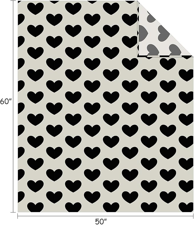 FY FIBER HOUSE Heart Flannel Throw Blanket Soft Cozy Blankets for Lover Gifts All Season Use, 50x60 Inches, Black White