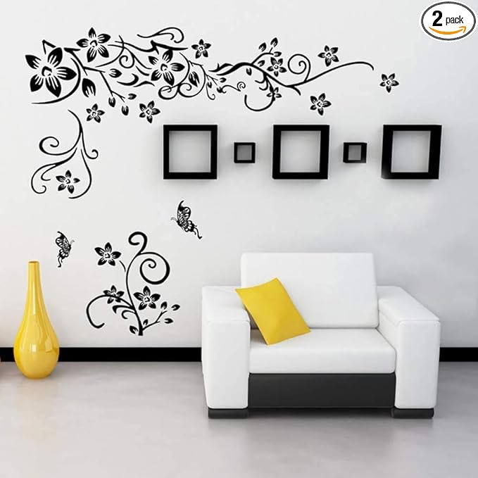 Supzone Flowers Vine Decals Black Flowers Butterfly Wall Decor Removable Vinyl DIY Home Art Stickers for Bedroom Living Room Sofa Backdrop TV Wall Decoration