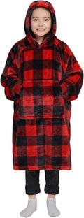 Waitu Wearable Blanket for Kids, Wearable Blanket Hoodie Gifts for Teens Girls and Boys, Warm Blanket Sweatshirt for Teenage, Hoodie Blanket with Sleeves - Red and Black Plaid