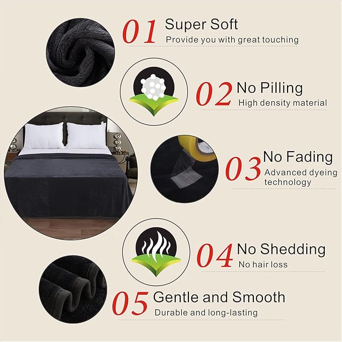 Polar Fleece Blanket Twin Size Lightweight Throw for The Bed Extra Soft Brush Fabric Super Warm Sofa Blanket 66" x 90"(Black Twin)