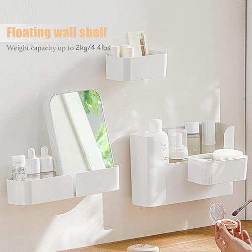 4 Pack Bedside Shelf Wall Mount,Wall Mounted Floating Shelf, Bedside Shelf Organizer Set,Non-Drilling Adhesive Plastic Storage Organizer for Home Decor,Kitchen,Bedroom,Bathroom,Rv (White)