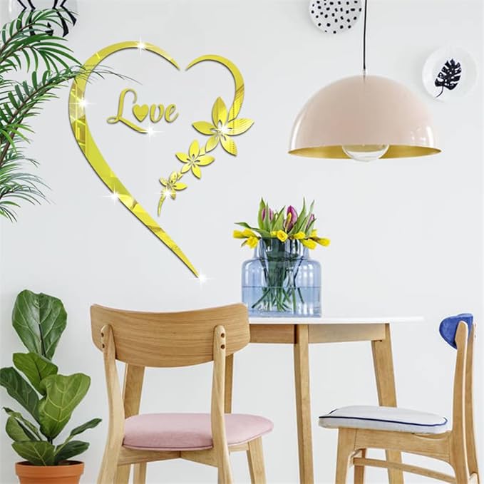 Heart Shape Mirror Wall Sticker, Self-Adhesive Love Heart Acrylic Mirror Wall Stickers Art Mural, DIY Walls Art Home Decor Heart Mirror Wall Decals for Living Room Bedroom Bathroom Office (Gold)