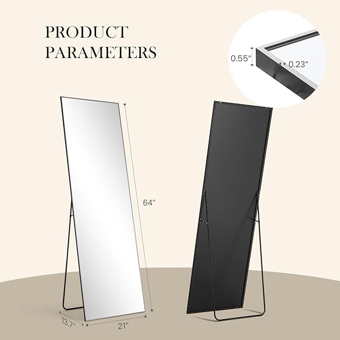 NEWBULIG Full Length Mirror 64.2"x 21" for Bedroom, Full Body Mirror with Stand, Hanging or Leaning for Wall, Aluminum Alloy Thin Frame Floor Standing for Living Room, Long, Black