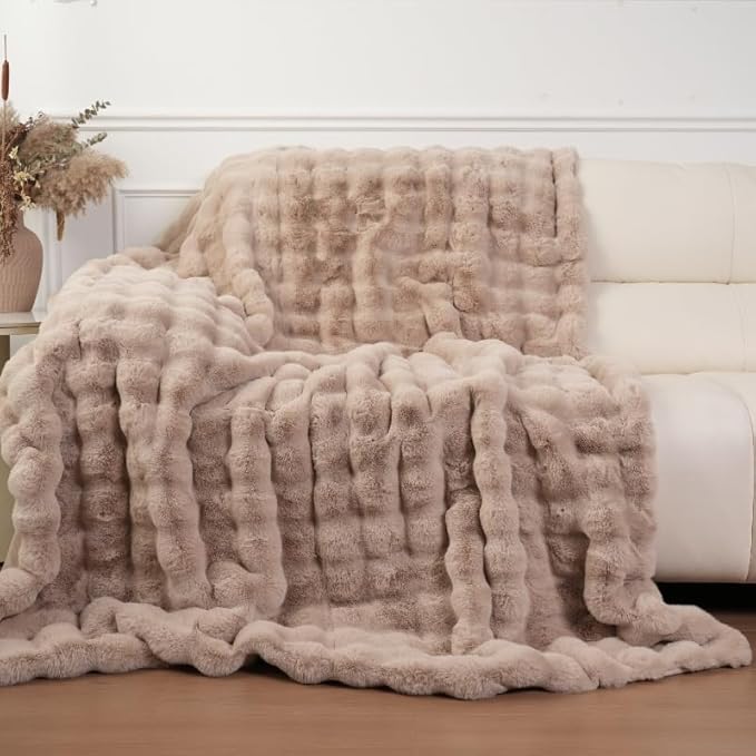 Super Comfort Oversized Warm Thick Bubble Luxury Plush Rabbit Faux Fur Throw Blanket, Fluffy Blanket,Soft Cozy Blanket for Couch Chair Bed Sofa Living Room (Wheat, 50inX60in)
