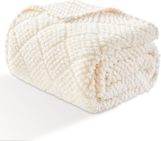EMME Fleece Blanket, 3D Jacquard Throw Blanket for Couch and Bed, Soft Cozy and Fluffy Blankets Lightweight Luxury Flannel with Waffle Design (Ivory, 60" x 80")