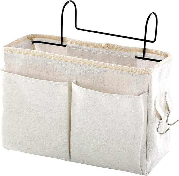 Surblue Bedside Caddy Bedside Storage Bag Hanging Organizer for Bunk, Hospital Beds, Dorm Rooms Bed Rails Camp 4 Pockets and 2 Hooks (White)