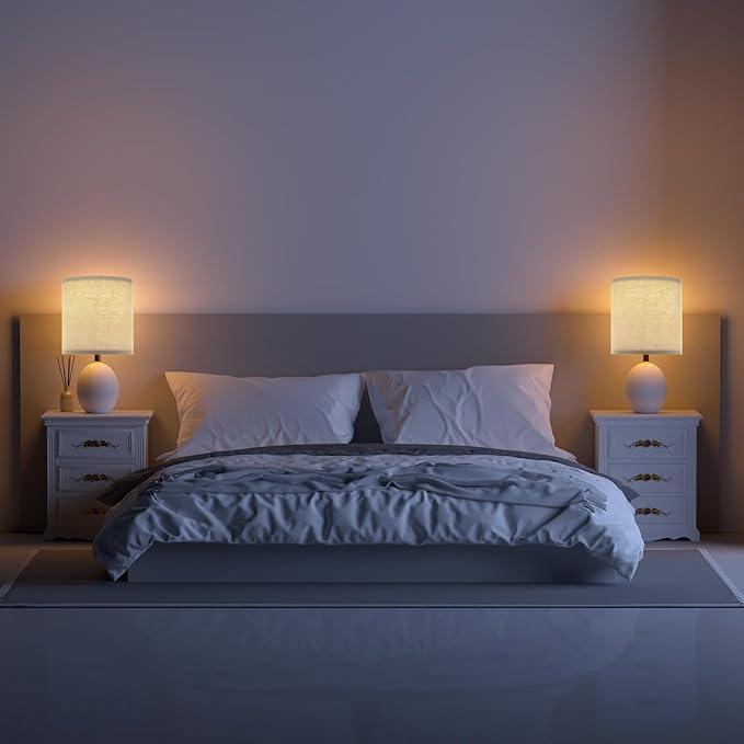18.5" Table Lamp Set of 2 for Living Room Bedroom, Bedside Lamps for Night Stands, Desk Nightstand Lamp Dimmable, Modern Linen Cream Ceramic Lamps (White-B)