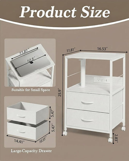 360° Swivel Nightstand with Height Adjustable, Lift Top Bedside Table with Charging Station, Rolling Night Stand with 2 Fabric Drawers, End Table with Wheels, for Bedroom, Living Room, White