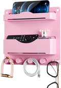 JUMEIHUI Pink Bedside Shelf Organizer - Wall Mount Phone Holder with Glasses Hook & 50 Motivational Stickers for Girls Bedroom Dorm Decor