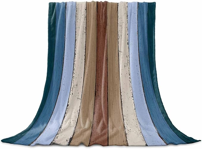 Farmhouse Blue Brown Throw Blanket, Soft Fluffy Fuzzy Blankets & Throws for Bed/Couch, Vintage Country Wooden Lightweight Warm Blankets for Women Christmas Decor 40"x50"