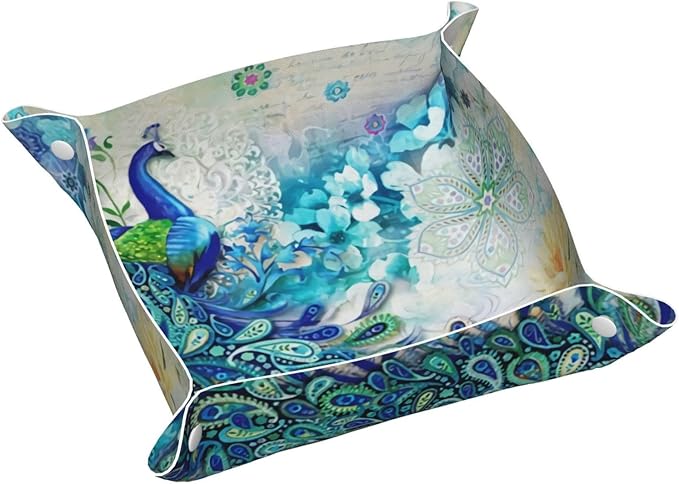 Peacocks and flowers Leather Vanity Tray Desktop Storage Organizer, Decorative Catchall Perfume Tray, Bathroom Valet Tray,Nightstand Caddy Holder for Keys Phone Wallet Coin Jewelry, S