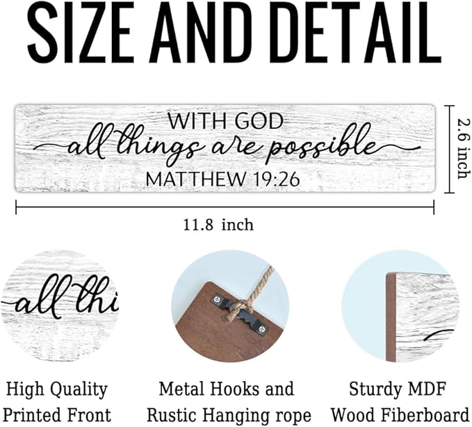 AGMDESIGN With God All Things Are Possible Wood Sign, Matthew 19:26 Farmhouse Style Bible Verse Family Room Sign Gifts for Woman Mother Aunt Grandma Neighbor, Hostess Housewarming Gifts