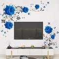 Supzone Blue Rose Wall Stickers Rose Flower Vine Wall Decal Blue Peony Floral Wall Decor DIY Vinyl Mural Art for Bedroom Living Room Sofa Backdrop