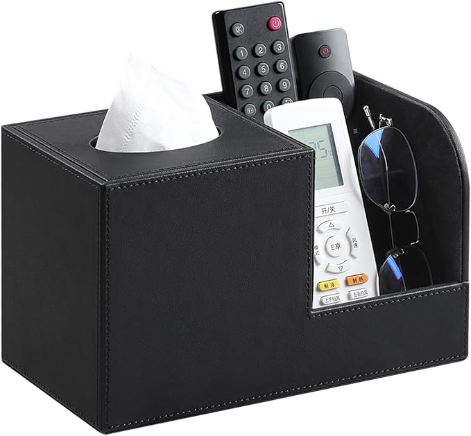 PU Leather Tissue Box Cover with Remote Control Holder, Square Tissue Box Holder for Living Room Bathroom Office (Black)