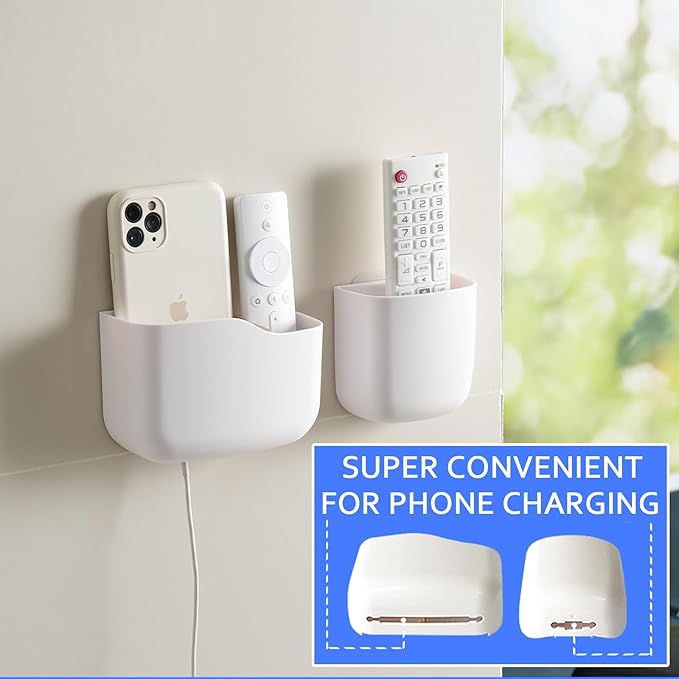 SUNFICON Wall Mount Remote Holder TV FAN Remote Control Holder Bedside Caddy Wall Organizer Phone Holder for Office Adhesive Media Player Controller Holder Box Tray Home Desk Nightstand White 6 Small