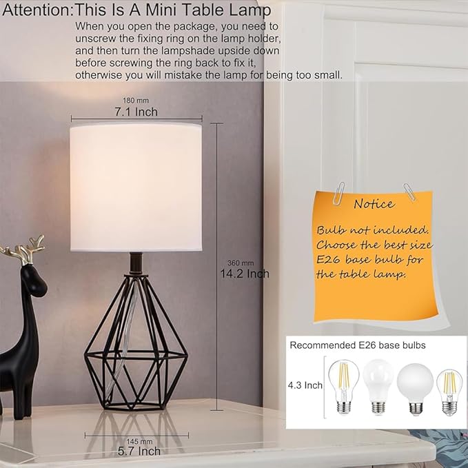 COTULIN Black Bedside Table Lamps Set of 2, Small Nightstand Lamps for Bedroom, Modern Desk Lamps with TC Fabric Shade Geometric Metal Base for Living Room Study Office Farmhouse