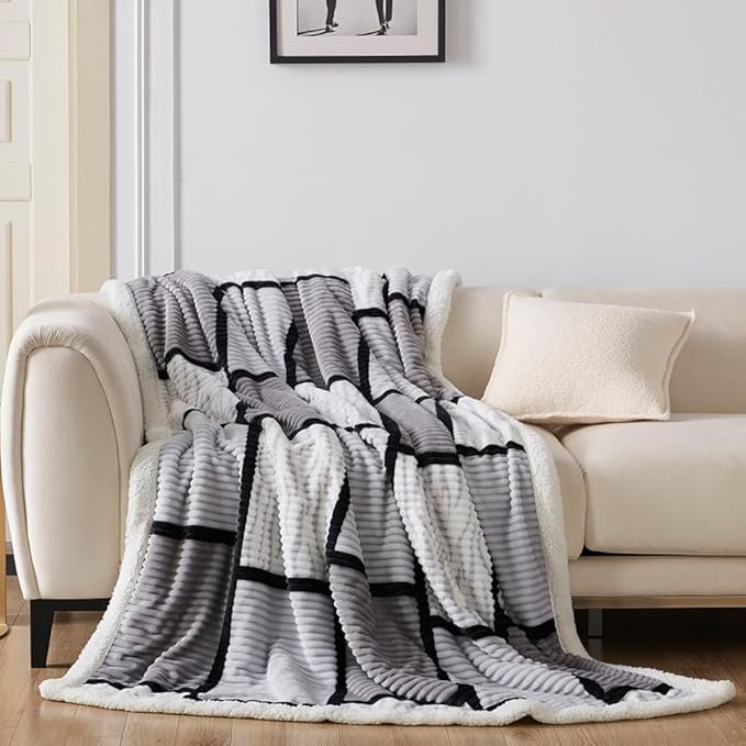 Sherpa Fleece Throw Blanket for Couch, Fluffy Plush Warm Fuzzy Blanket for Women and Men, Cozy Thick Soft Twin Blanket for Bed, Grey, 80x90 Inches