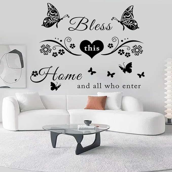 Vinyl Wall Stickers Quotes Art Decal Sticker Bless This Home and All Who Enter Wall Decals Flowers Butterfly Wall Decor Sticker for Entryway Living Room Home Decor