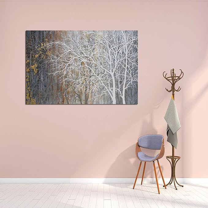 Yihui Arts Autumn Painting On Canvas White Tree Wall Art Large Landscape Falling No Leaves Artwork for Bar Club Decoration Ready to Hang