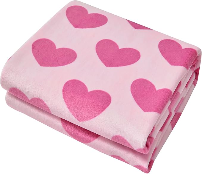 FY FIBER HOUSE Heart Flannel King Blanket Soft Cozy Blankets for Lover Gifts All Season Use, 90x108 Inches, Hot Pink