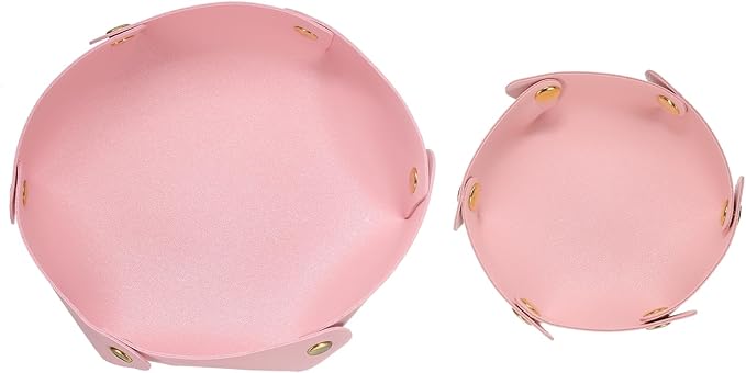 HARFINGTON 2pcs PU Leather Valet Tray Unisex Valet Tray Folding Round Catchall Tray Portable Entryway Table Tray Nightstand Bedside Desk Tray for Key Watch Coin Jewelry Dice, Pink